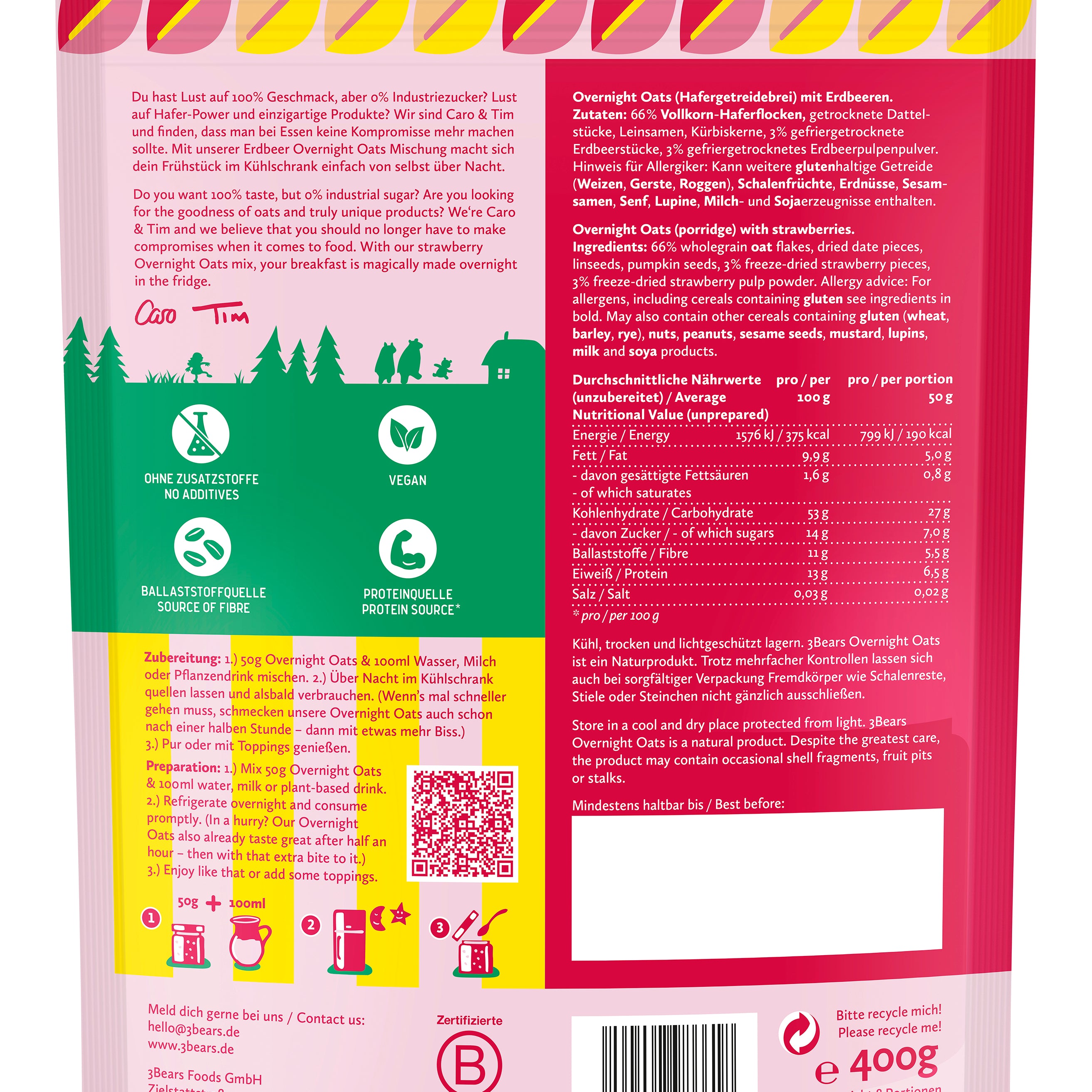 3Bears Overnight Oats Edle Erdbeere 400g