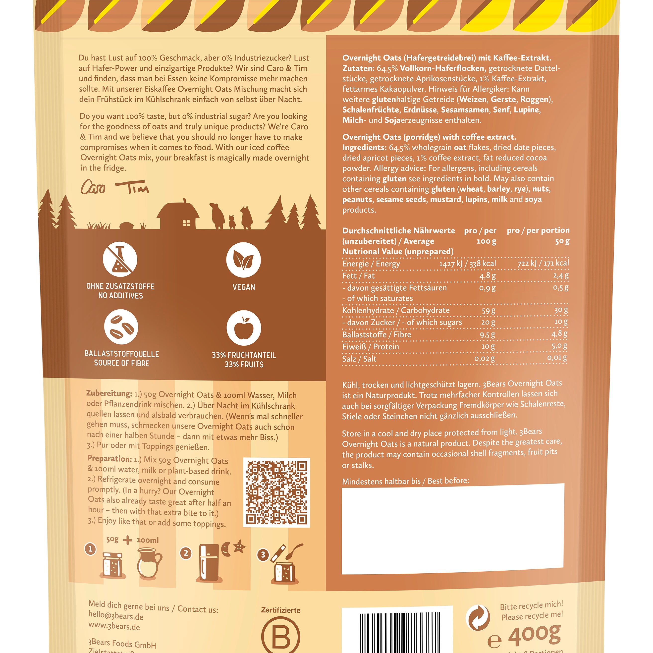 3Bears Overnight Oats Typ Eiskaffee 400g