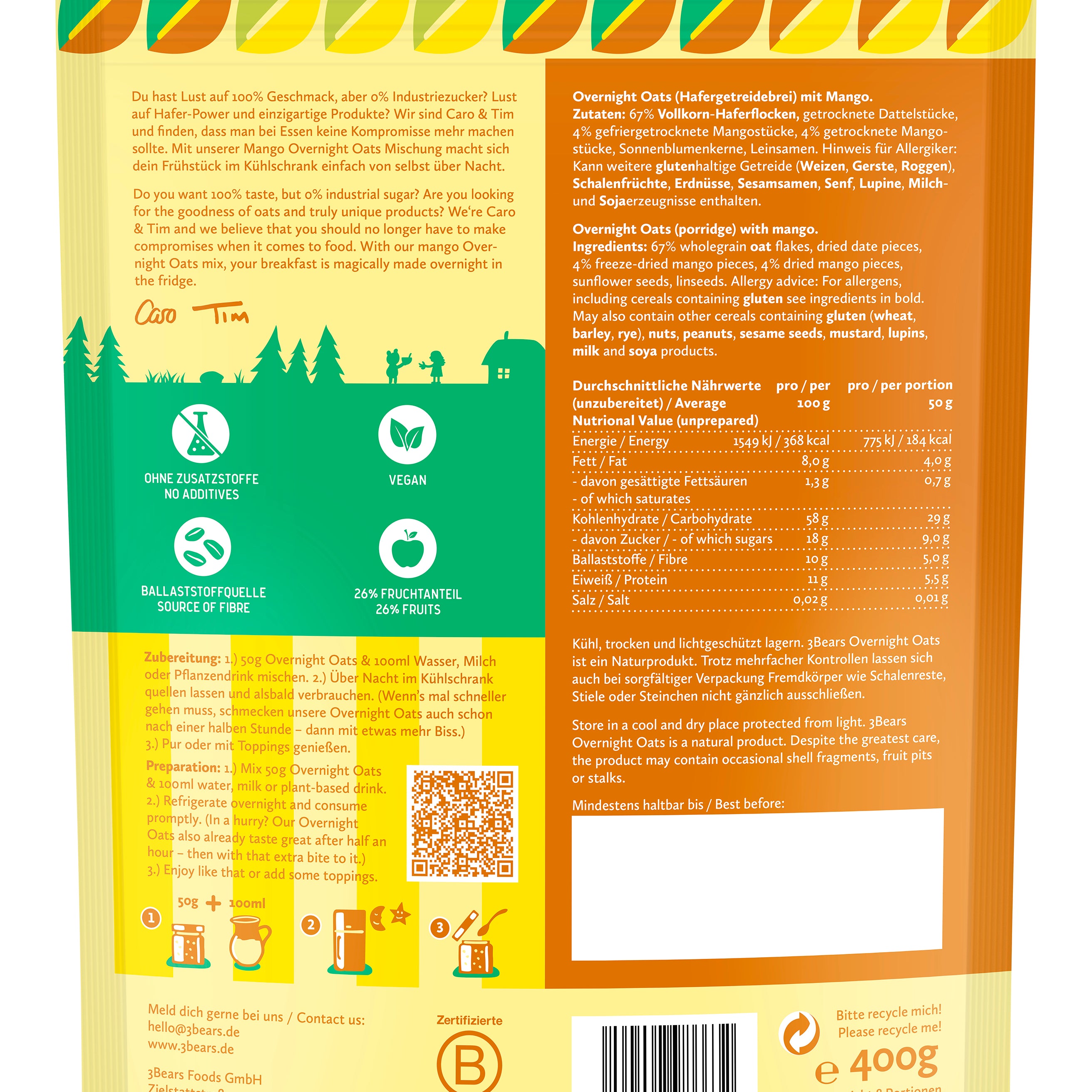 3Bears Overnight Oats Goldene Mango 400g