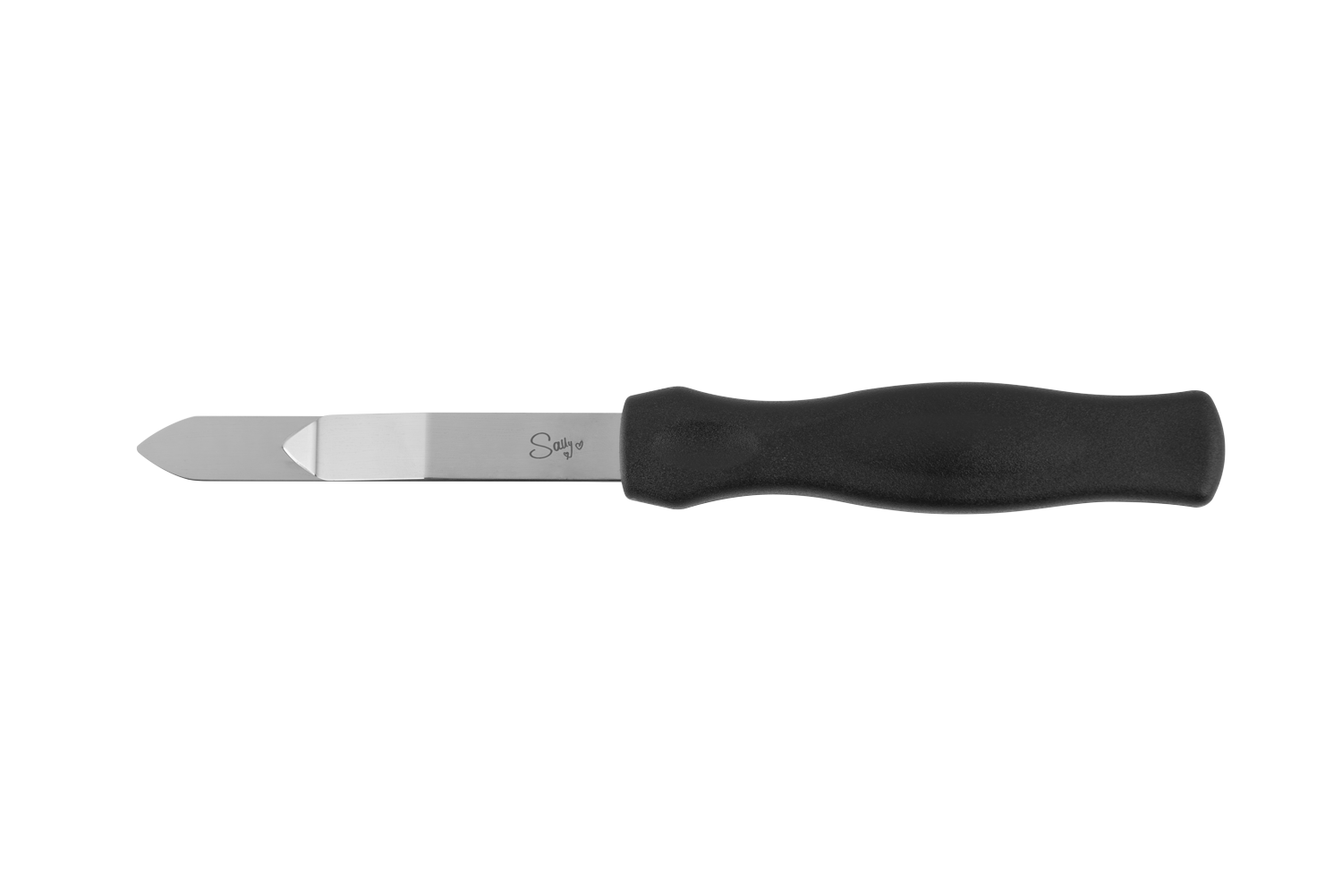 Ein kurzes Backformmesser mit schwarzem Griff