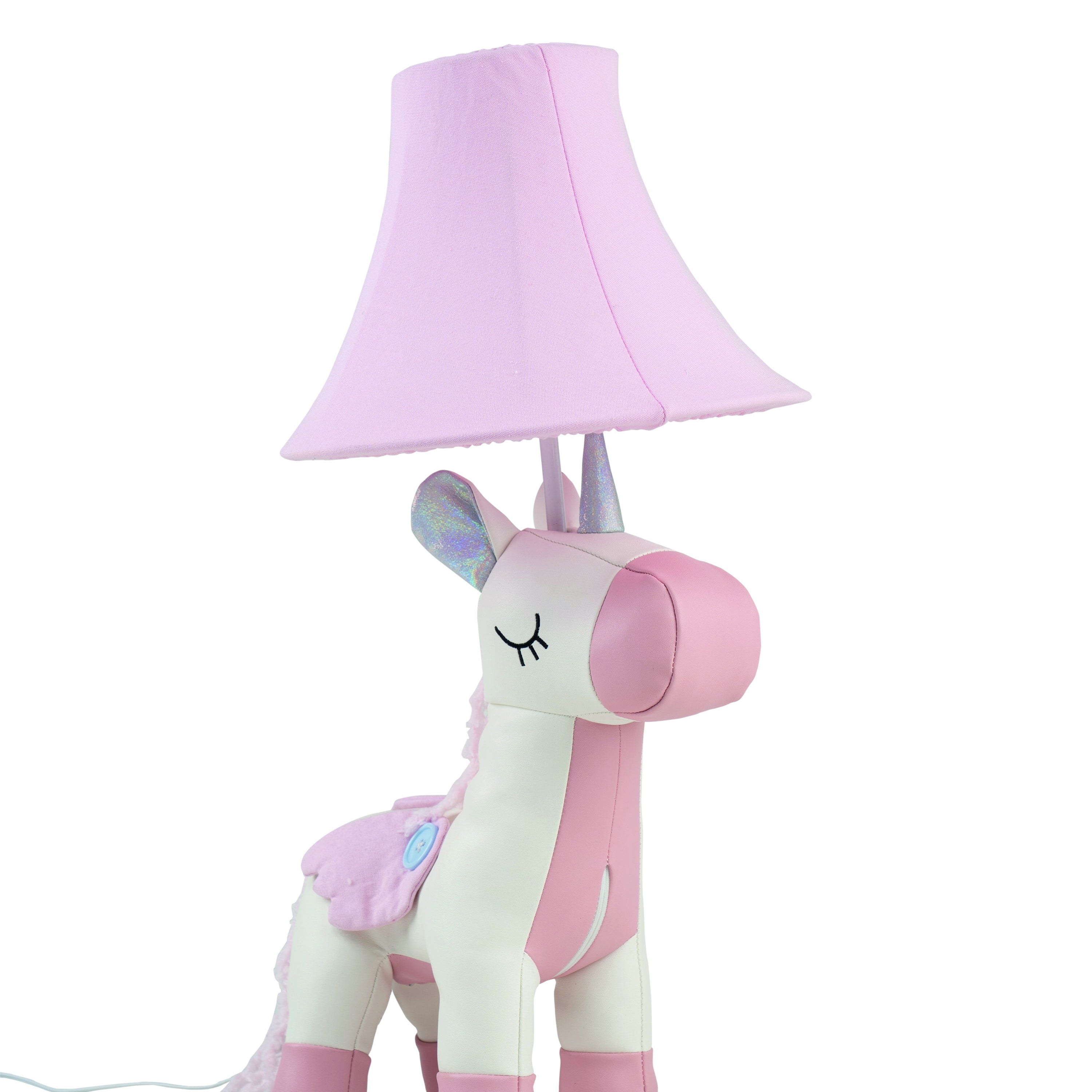 Eine rosa Einhornlampe mit pinkem Schirm.