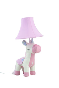 Eine rosa Einhornlampe mit pinkem Schirm.