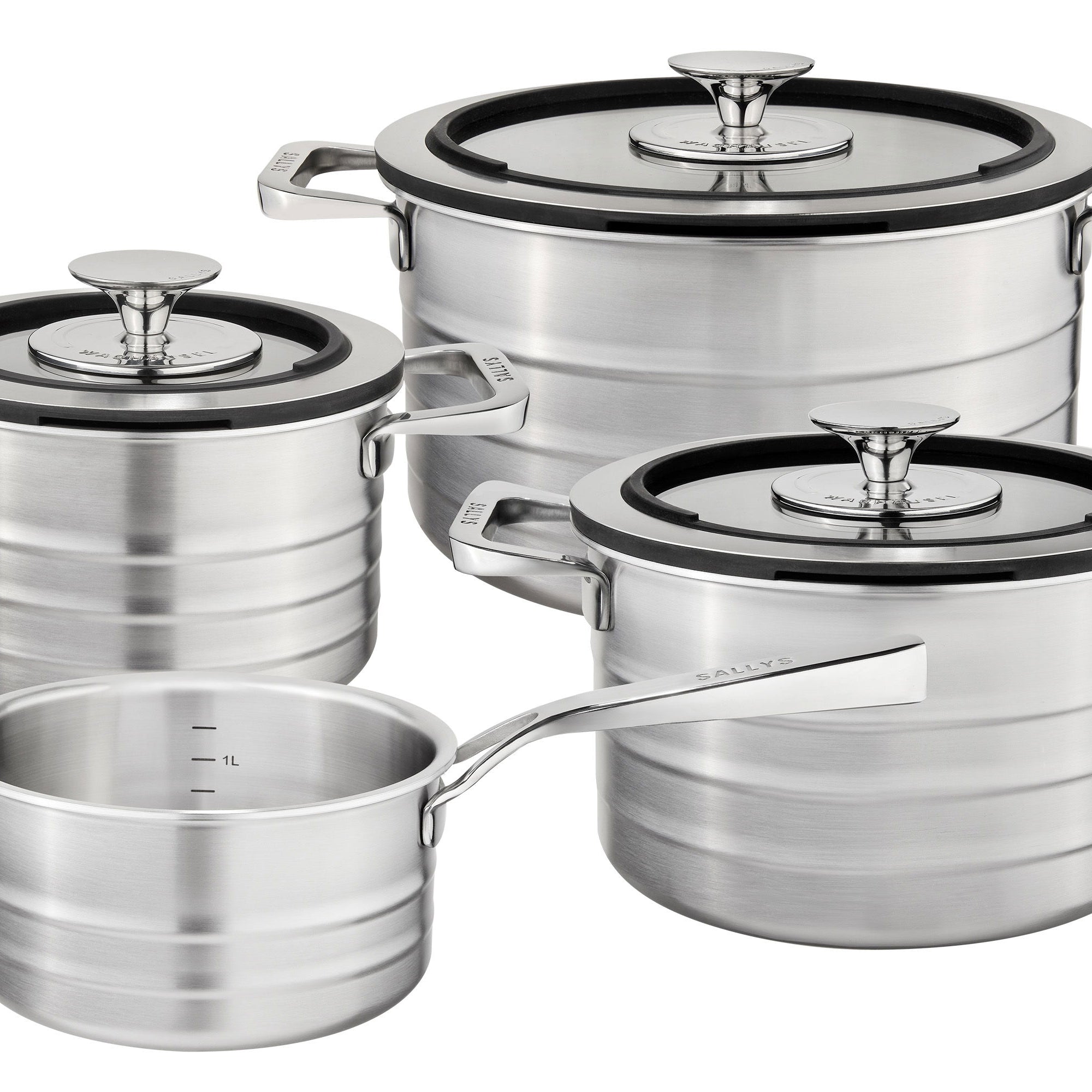 Sallys Edelstahltoepfe Set Freisteller 3 Töpfe mit Deckel und 1 Kasserolle