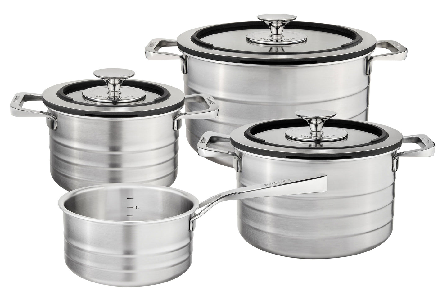Sallys Edelstahltoepfe Set Freisteller 3 Töpfe mit Deckel und 1 Kasserolle