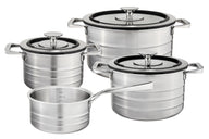 Sallys Edelstahltoepfe Set Freisteller 3 Töpfe mit Deckel und 1 Kasserolle