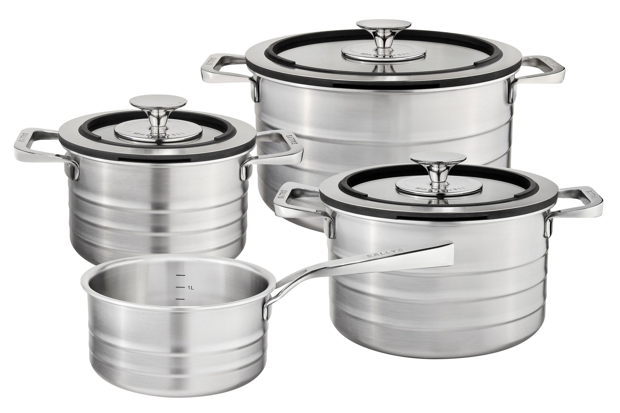 Sallys Edelstahltoepfe Set Freisteller 3 Töpfe mit Deckel und 1 Kasserolle