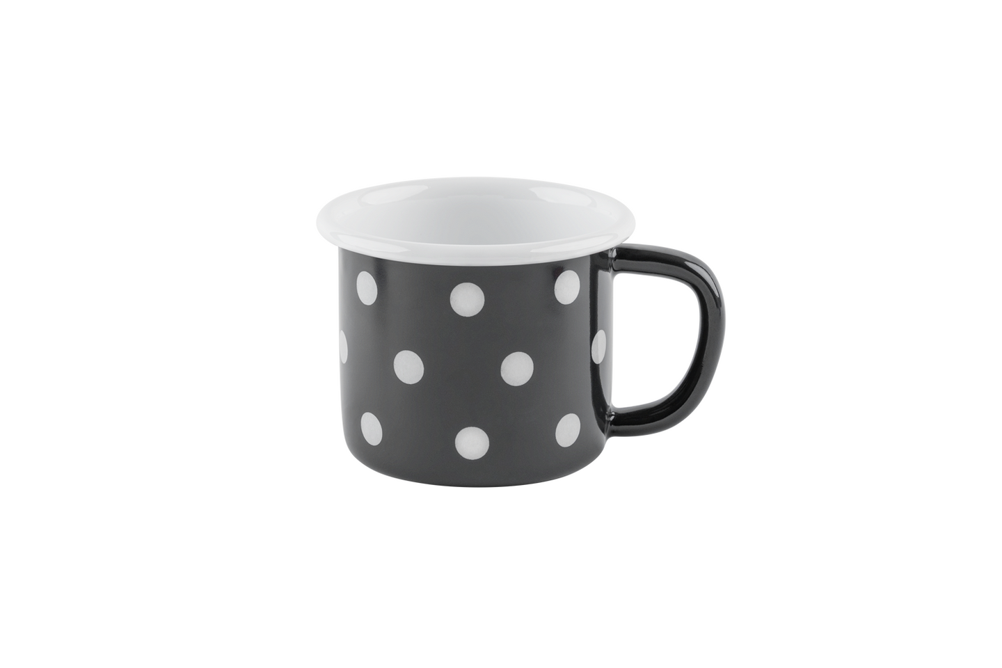 Eine anthrazit-gepunktete Emaille-Tasse