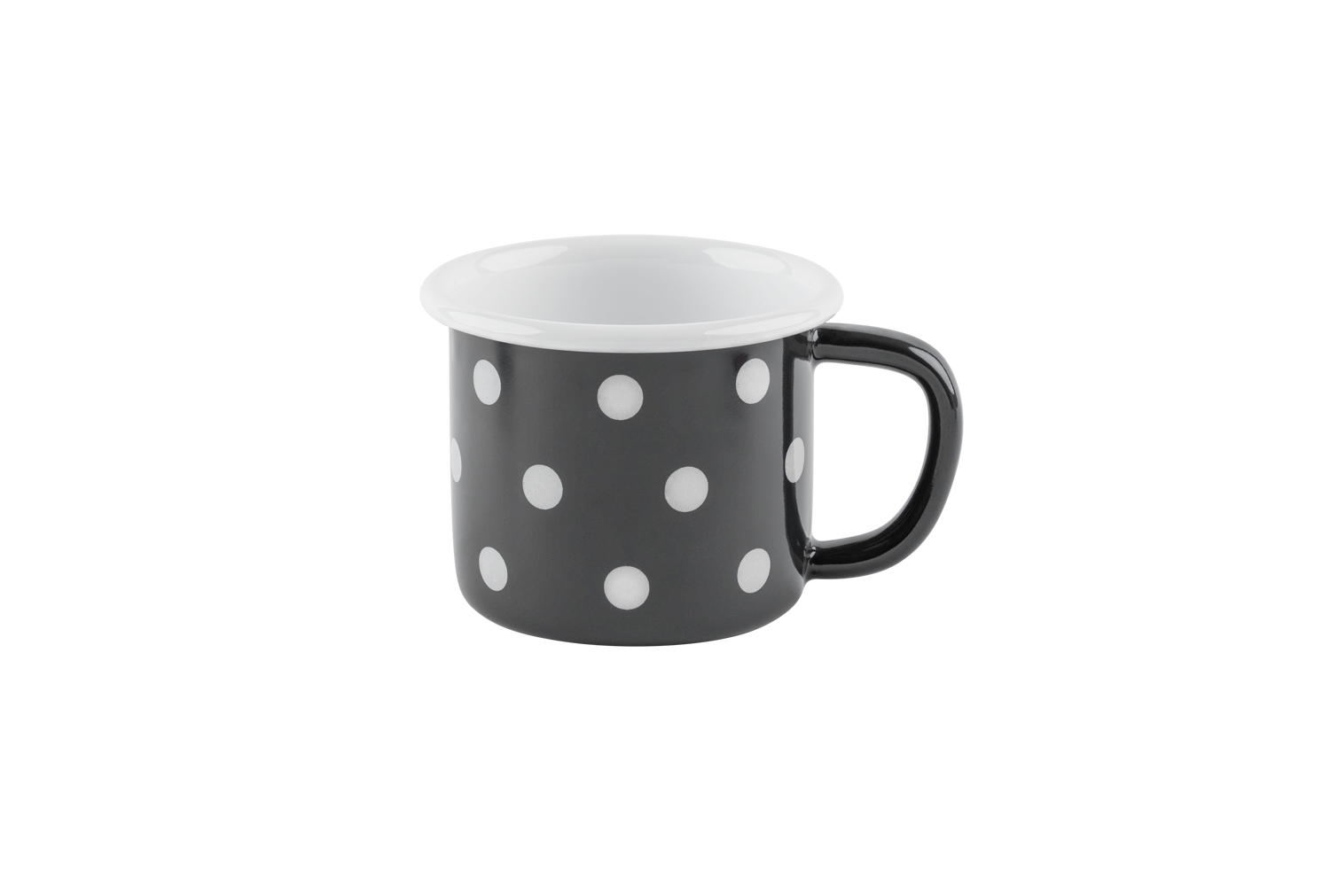 Eine anthrazit-gepunktete Emaille-Tasse