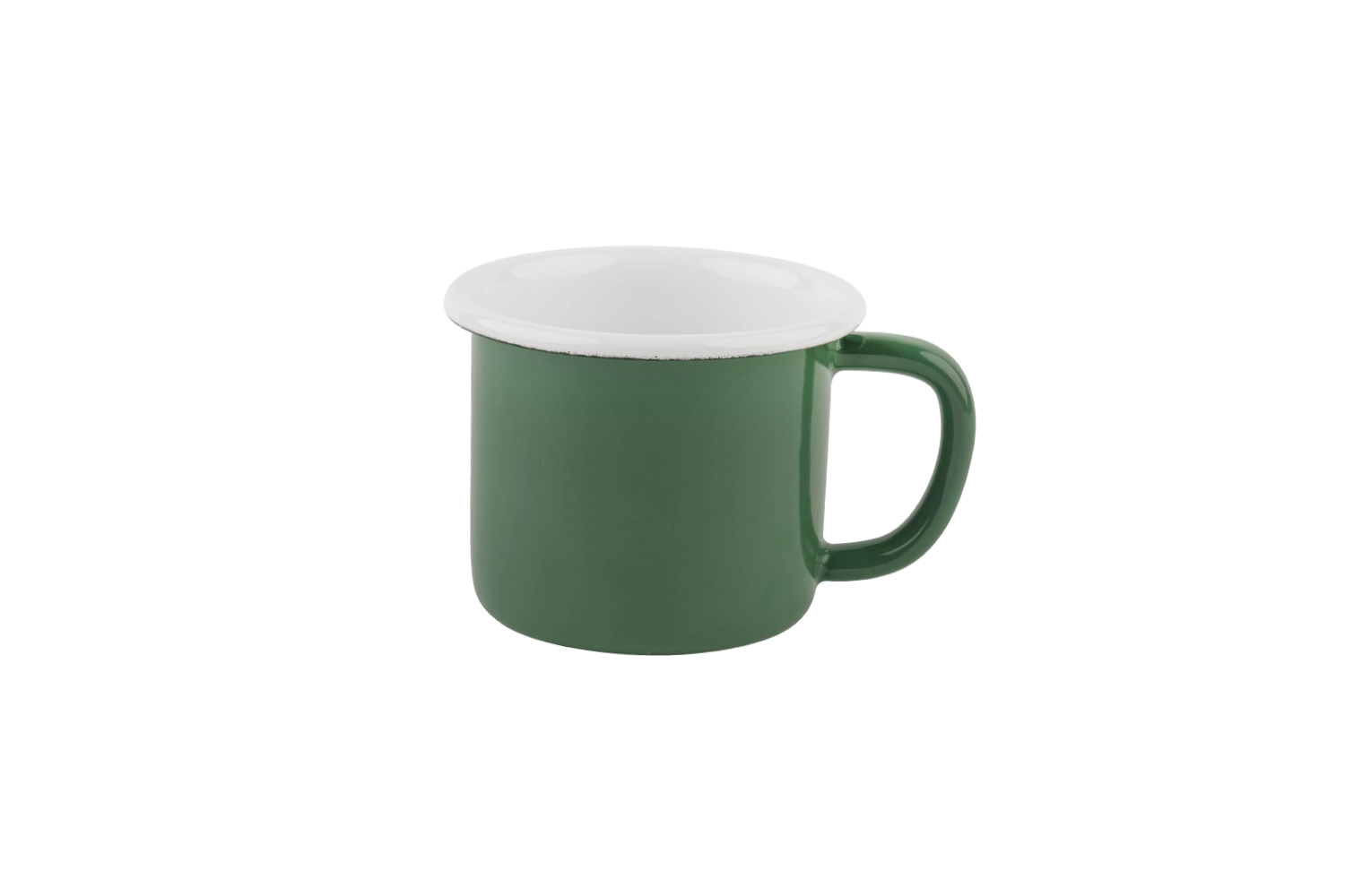 Eine olivgrüne Emaille-Tasse