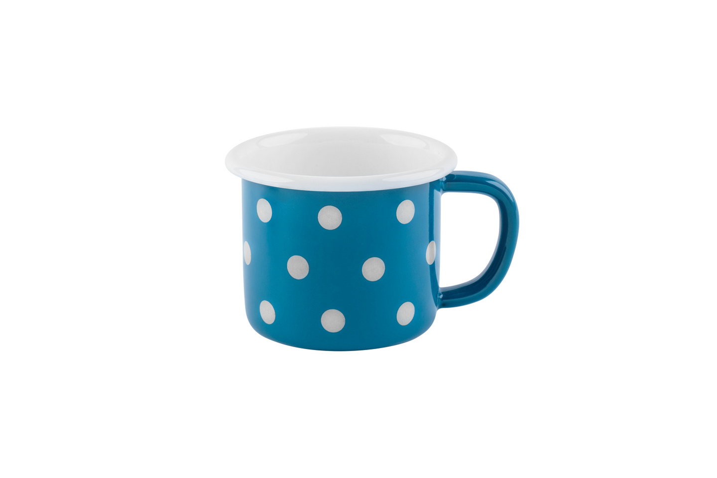 Eine petrol-gepunktete Emaille-Tasse