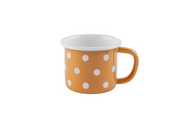 Eine senfgelb-gepunktete Emaille-Tasse