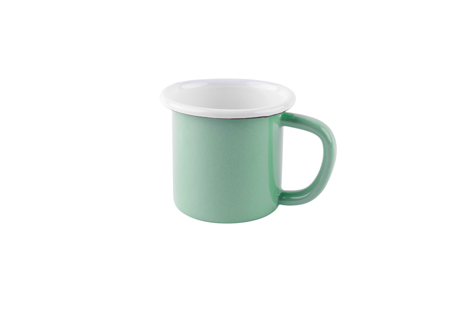 Eine mintfarbene Emaille-Tasse