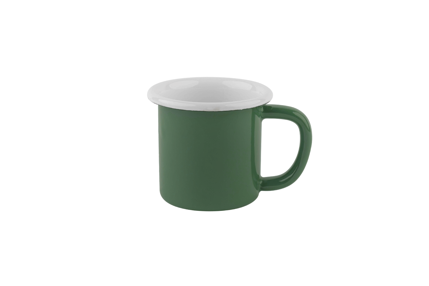 Eine olivgrüne Emaille-Tasse