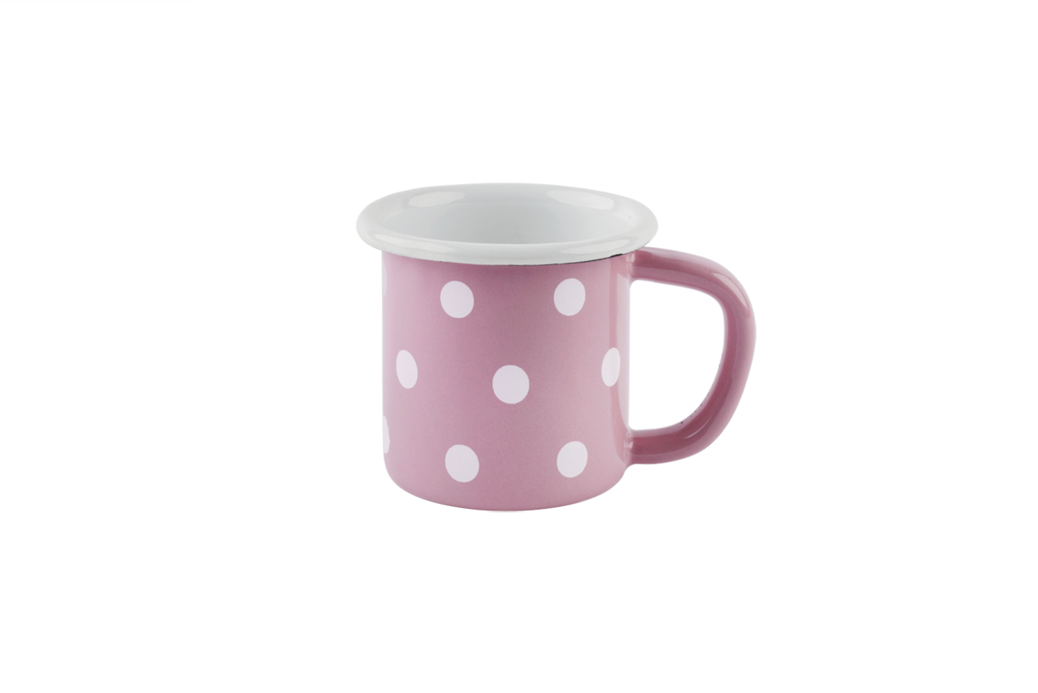 Eine pastellrosa-gepunktete Emaille-Tasse