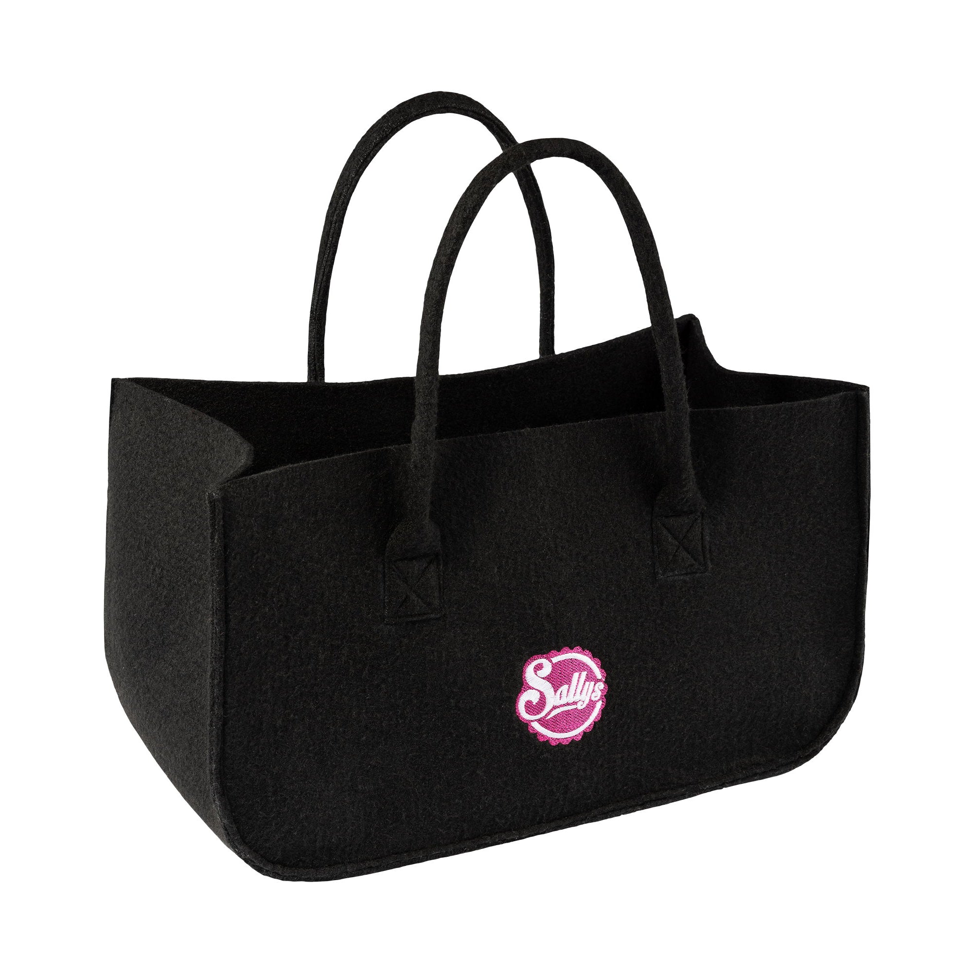 Eine große, schwarze Filztasche mit Griffen und Sallys Logo