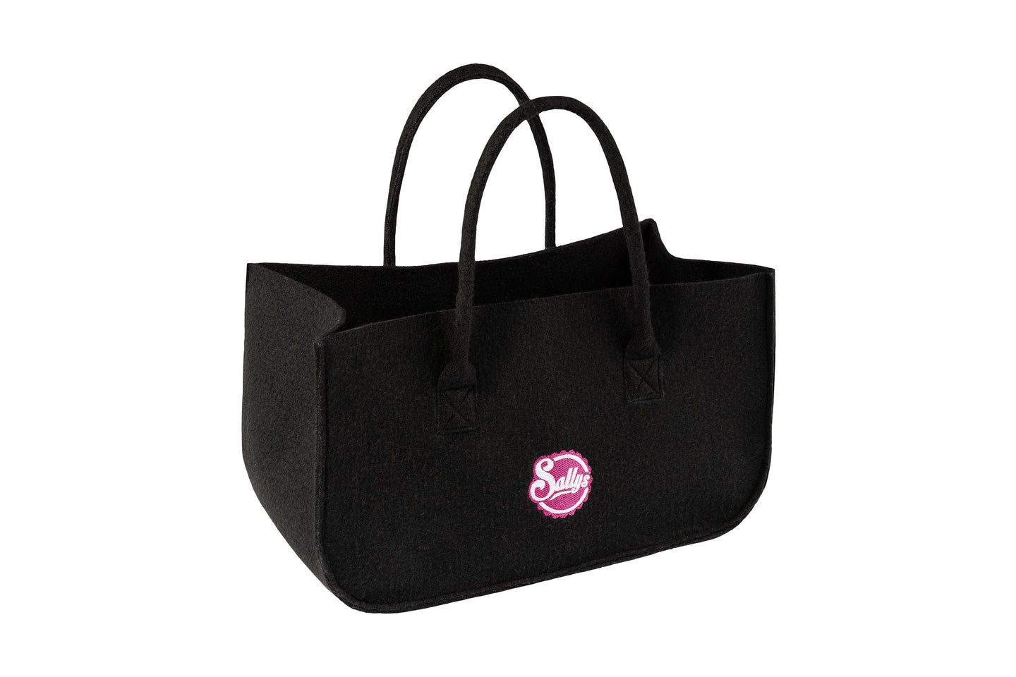 Eine große, schwarze Filztasche mit Griffen und Sallys Logo