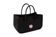 Eine große, schwarze Filztasche mit Griffen und Sallys Logo