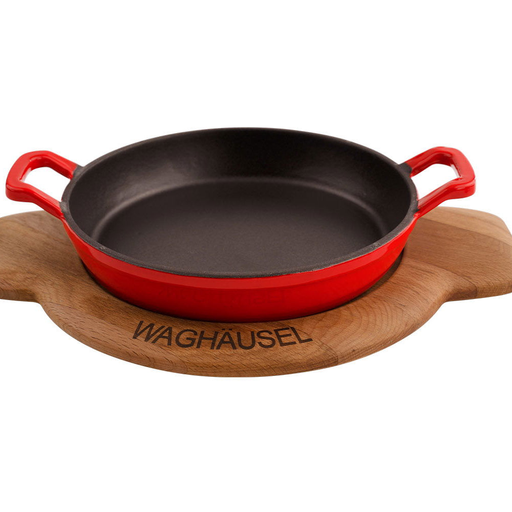 Sallys Gusseisen - Servierpfanne rund Ø 20 cm - mit Echtholzuntersetzer