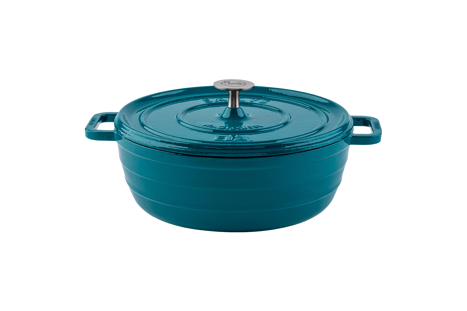 Ein petrolfarbener Gusseisentopf