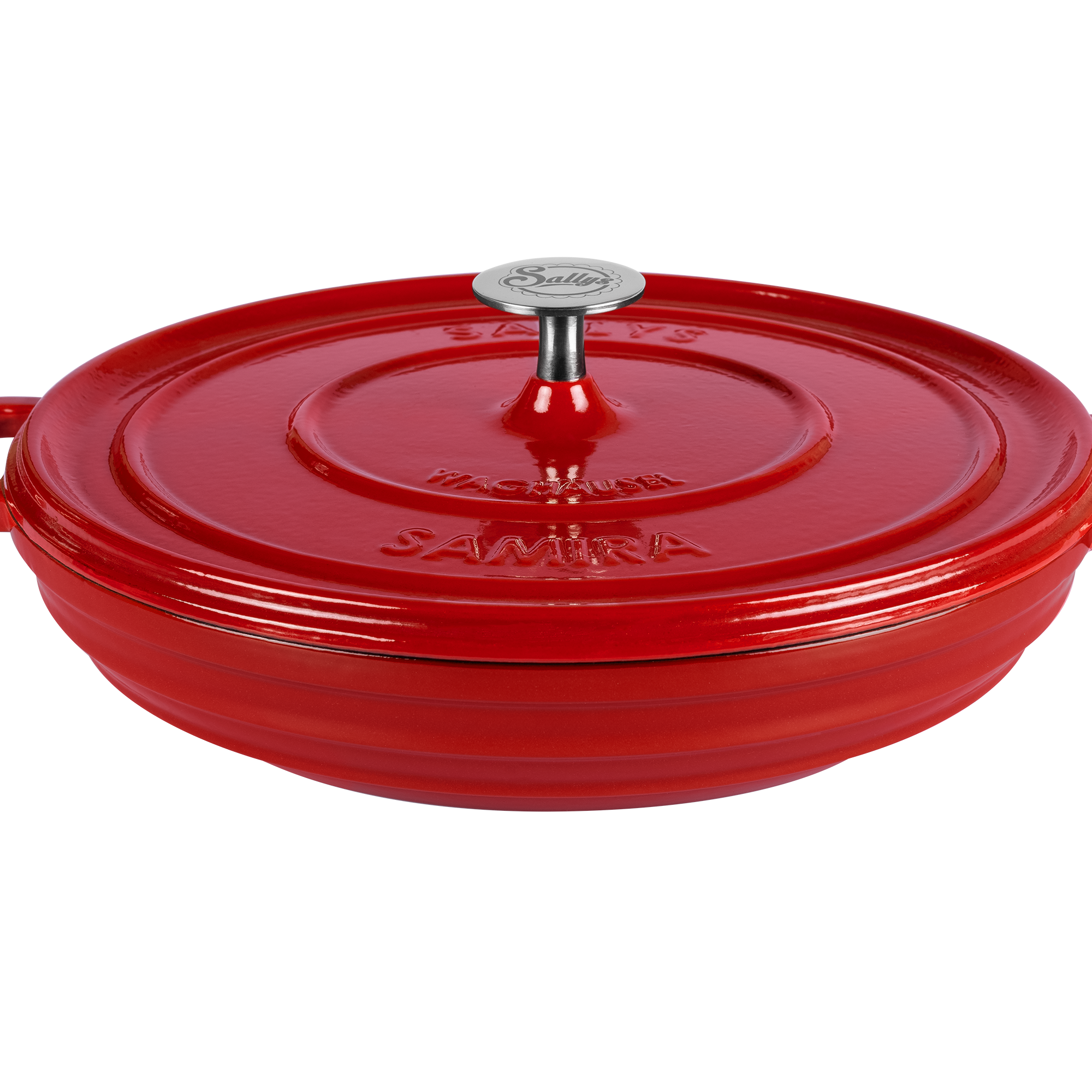 Ein flacher Gusseisentopf in der Farbe rot