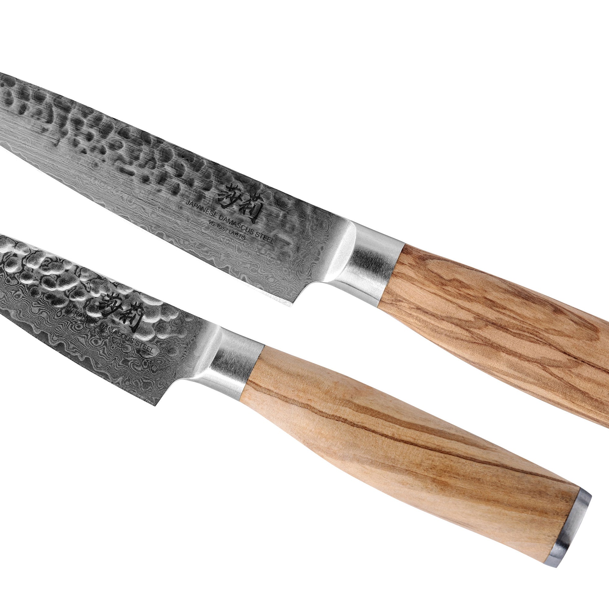 Ein großes und ein kleines Messer mit silberner Klinge und hölzernem Griff