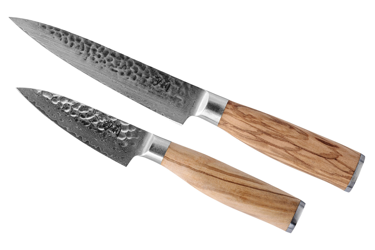 Ein großes und ein kleines Messer mit silberner Klinge und hölzernem Griff