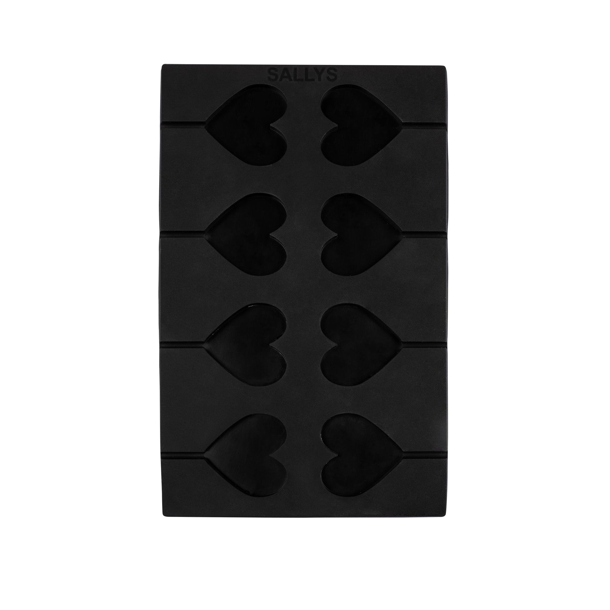 Eine schwarze Silikonform für Herzlollis