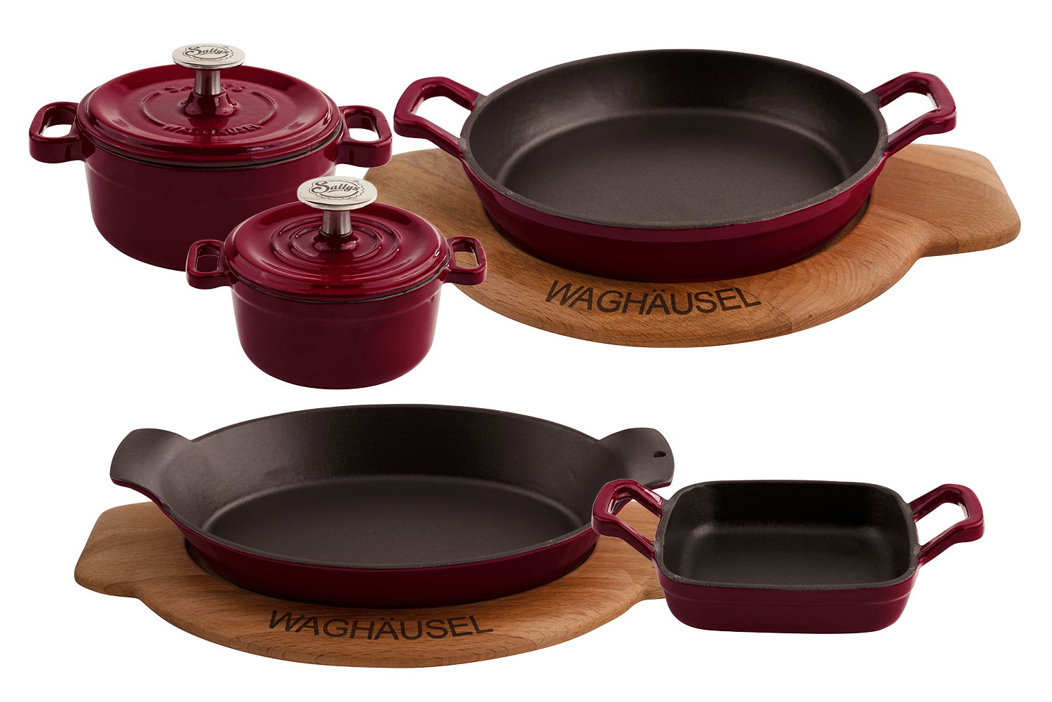 Ein Set aus 5 bordeauxfarbenen Gusseisenprodukten