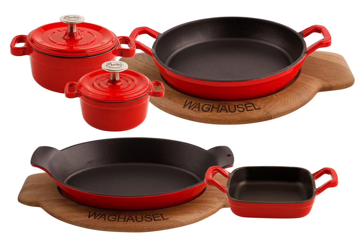 Ein Set aus 5 Gusseisenprodukten in der Farbe lavared