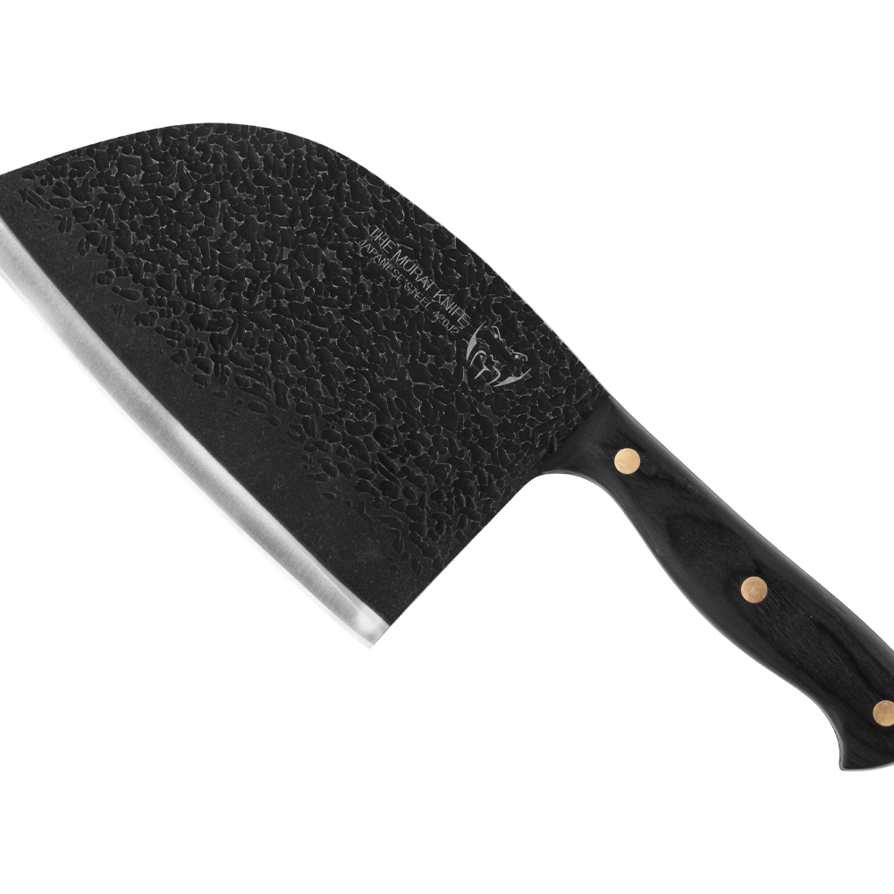 Ein schwarzes Messer mit breiter Klinge und schwarzem Griff