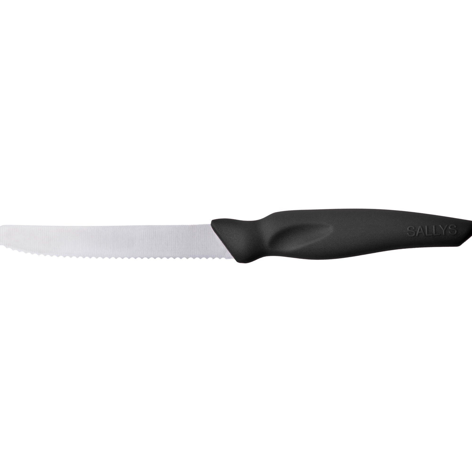 Ein Messer mit silberner Klinge und schwarzem Griff