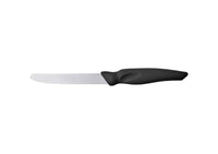 Ein Messer mit silberner Klinge und schwarzem Griff