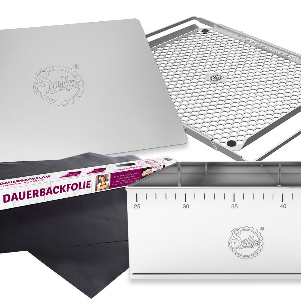 Ein eckiger Tortenretter, zwei Dauerbackfolien, das V3 Backblech und der V2 Backrahmen