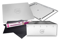 Ein eckiger Tortenretter, zwei Dauerbackfolien, das V3 Backblech und der V2 Backrahmen