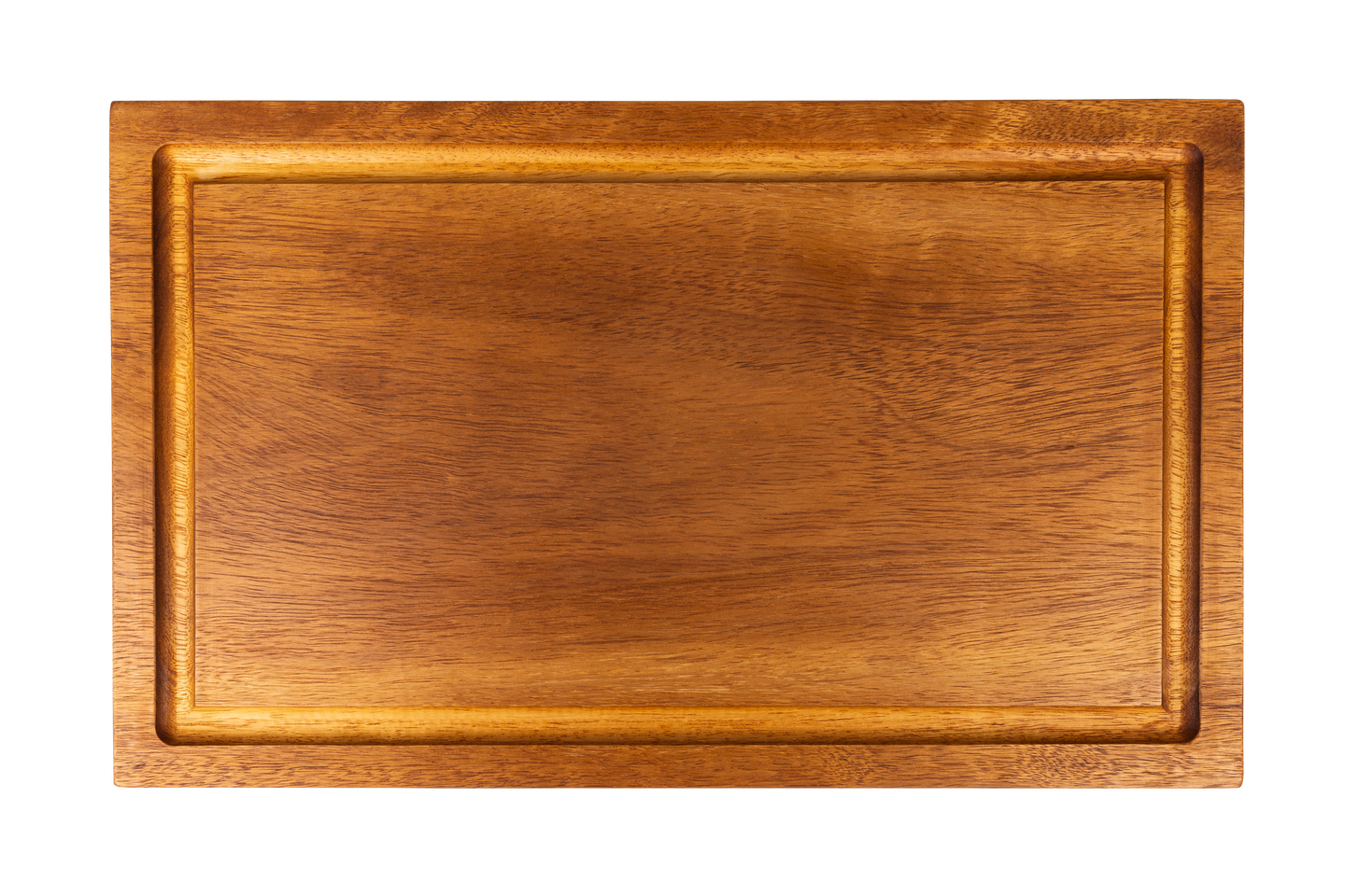 Ein helles Schneidebrett aus Holz mit Saftrille