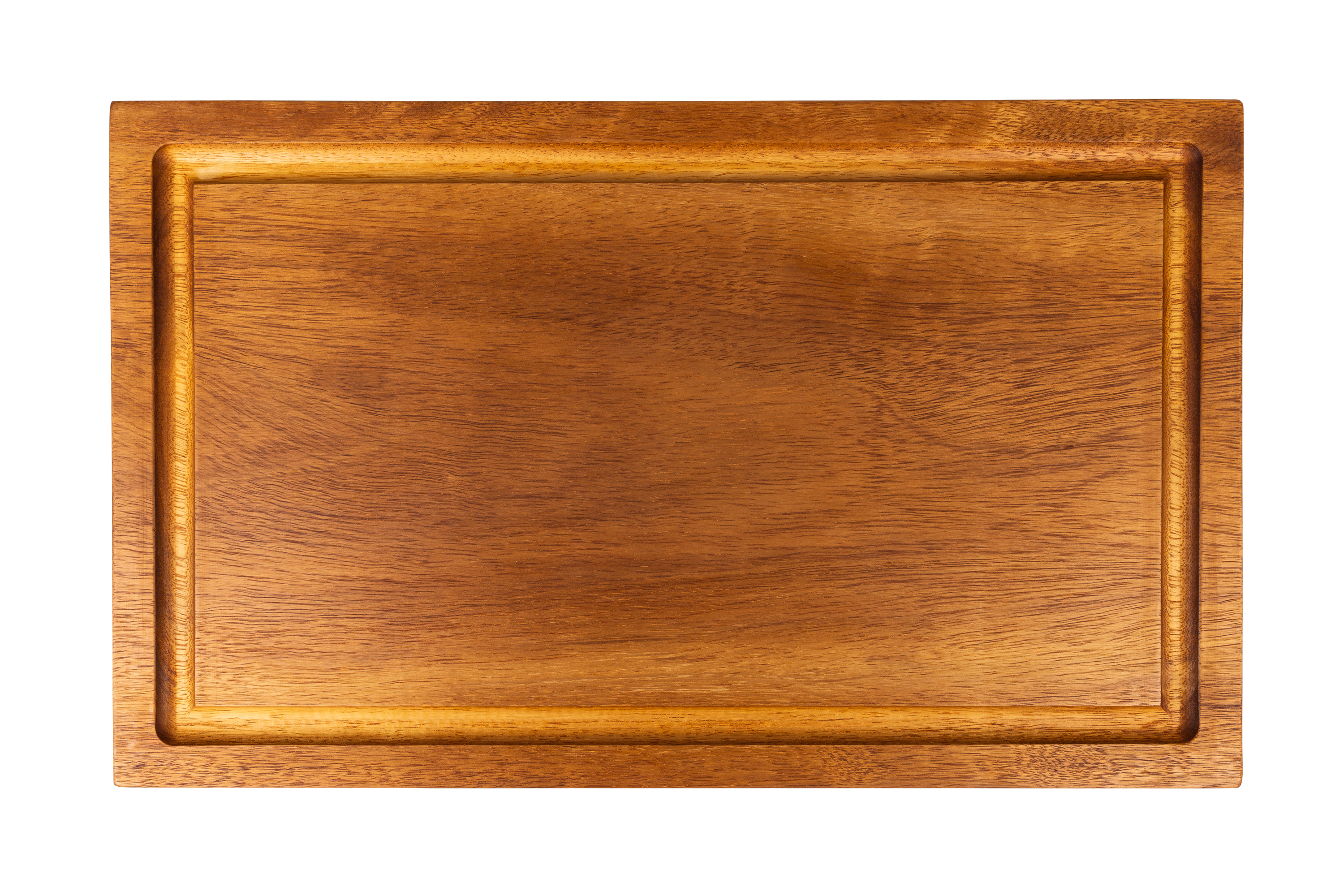 Ein helles Schneidebrett aus Holz mit Saftrille