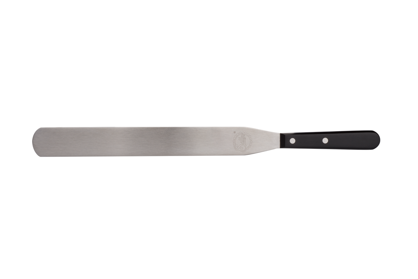 Eine große, silberne Streichpalette mit schwarzem Griff