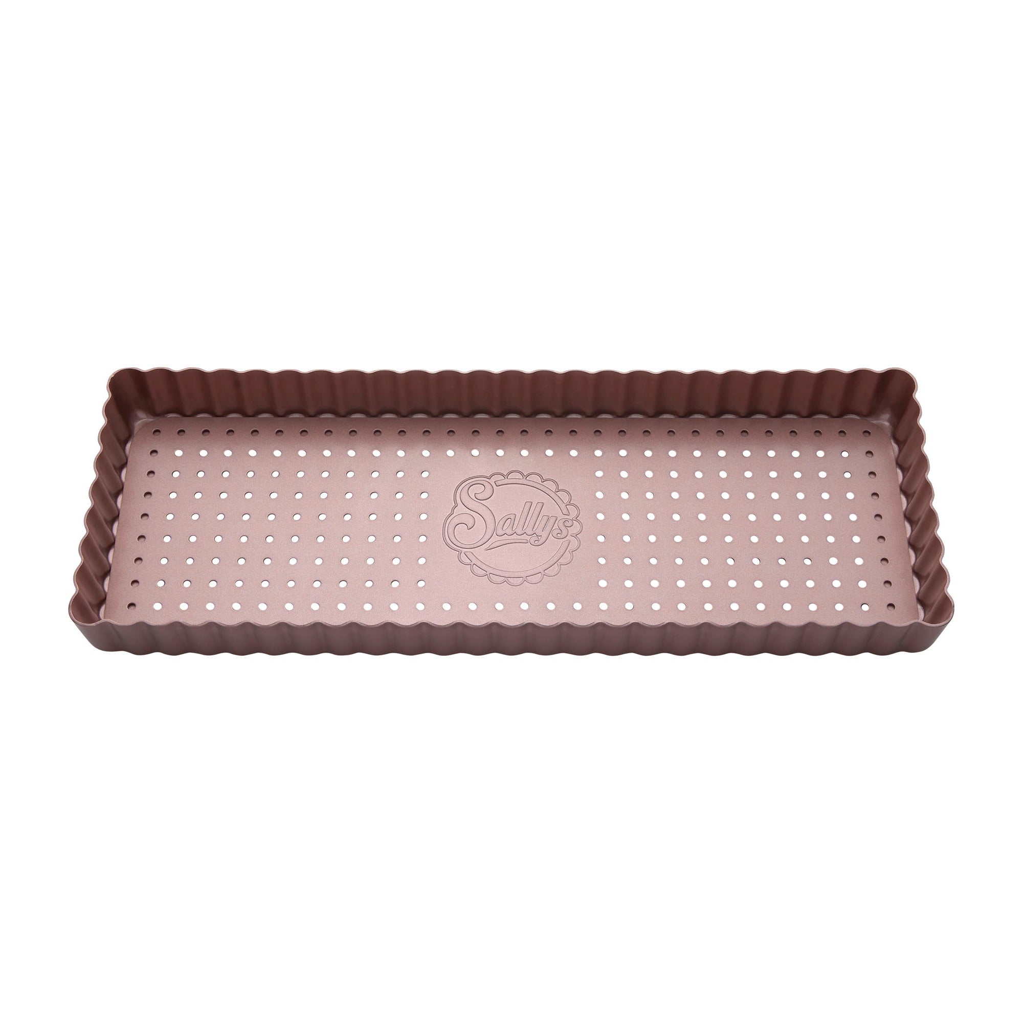 Eine rosefarbene, längliche Tarteform mit perforiertem Hebeboden