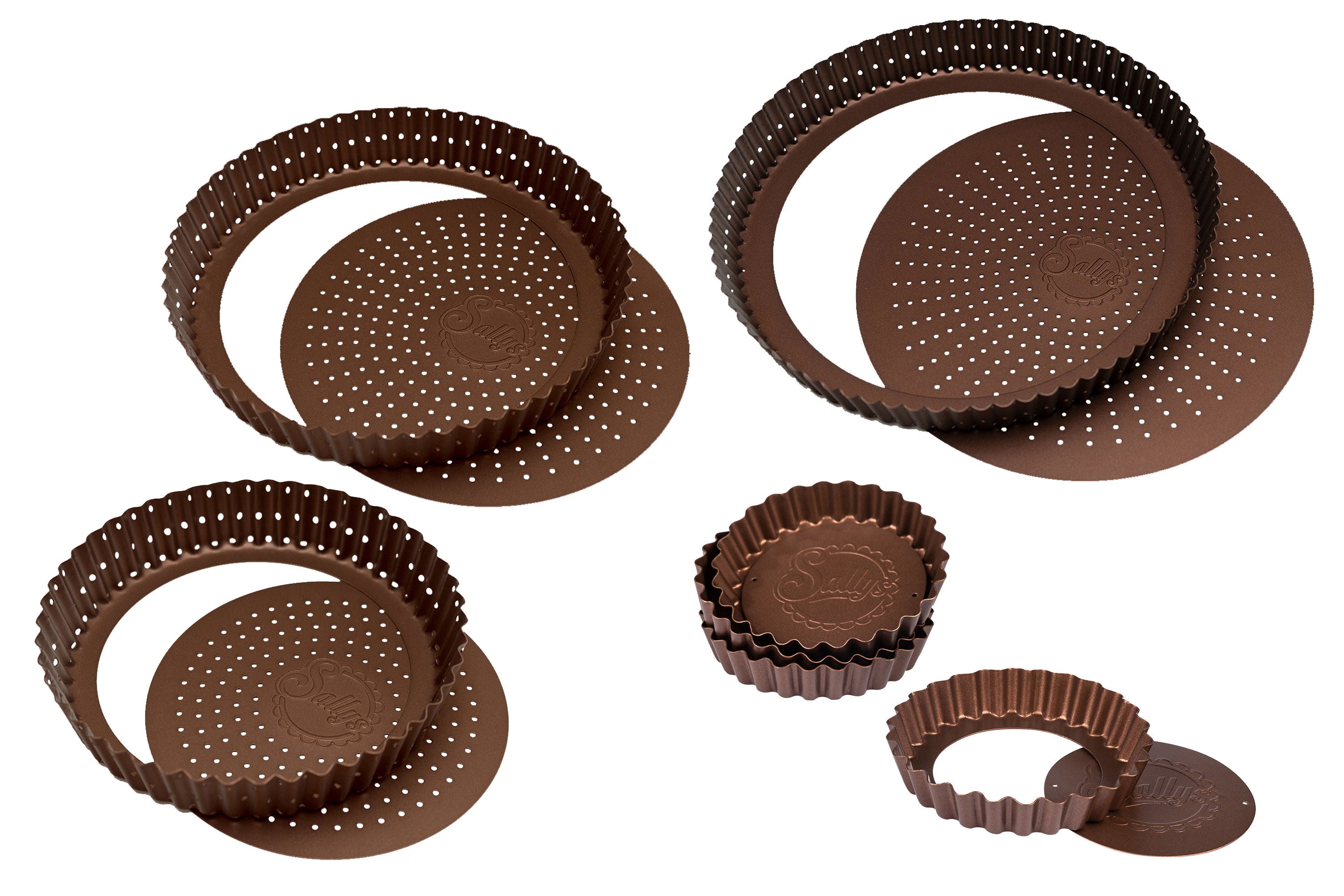 Mehrere kupferfarbene Tarteformen