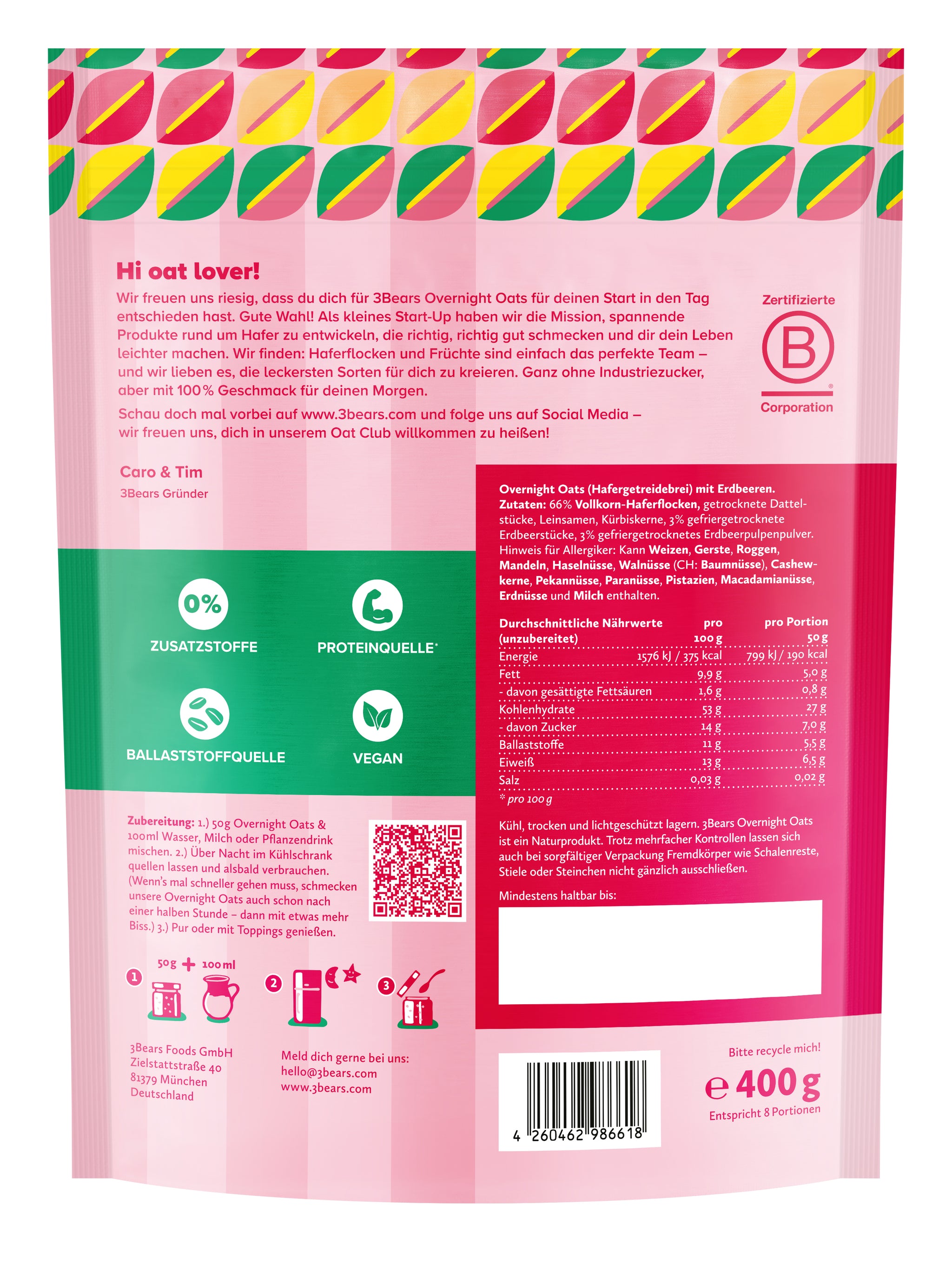 3Bears Overnight Oats Edle Erdbeere 400g