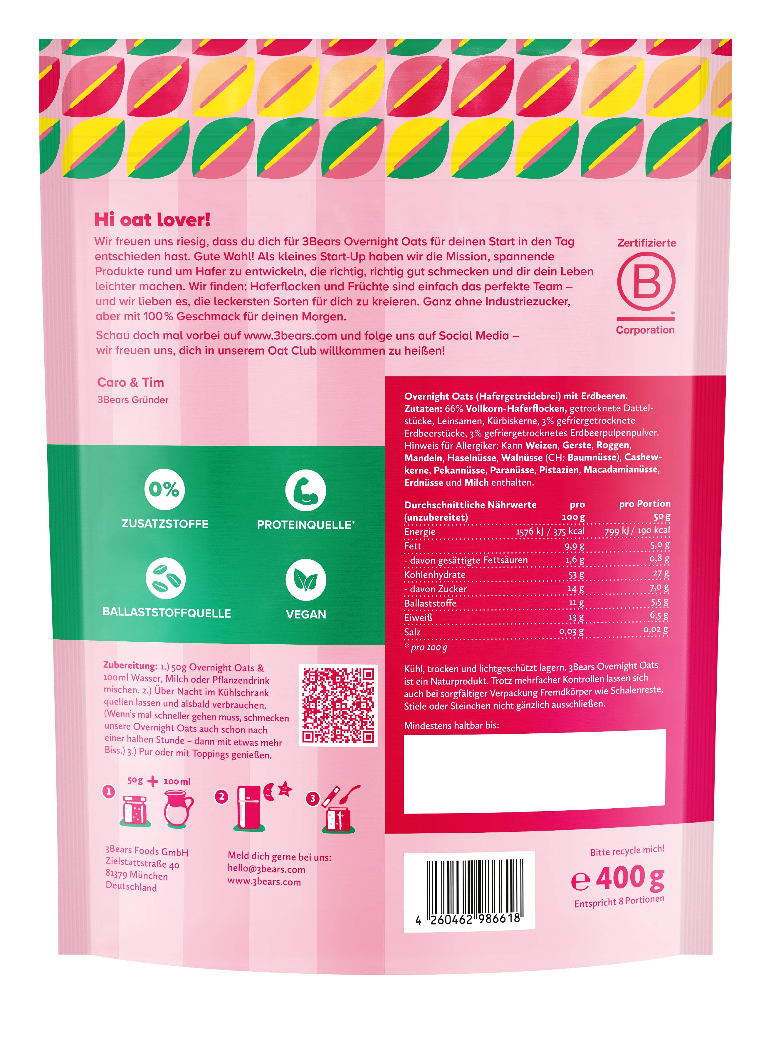 3Bears Overnight Oats Edle Erdbeere 400g