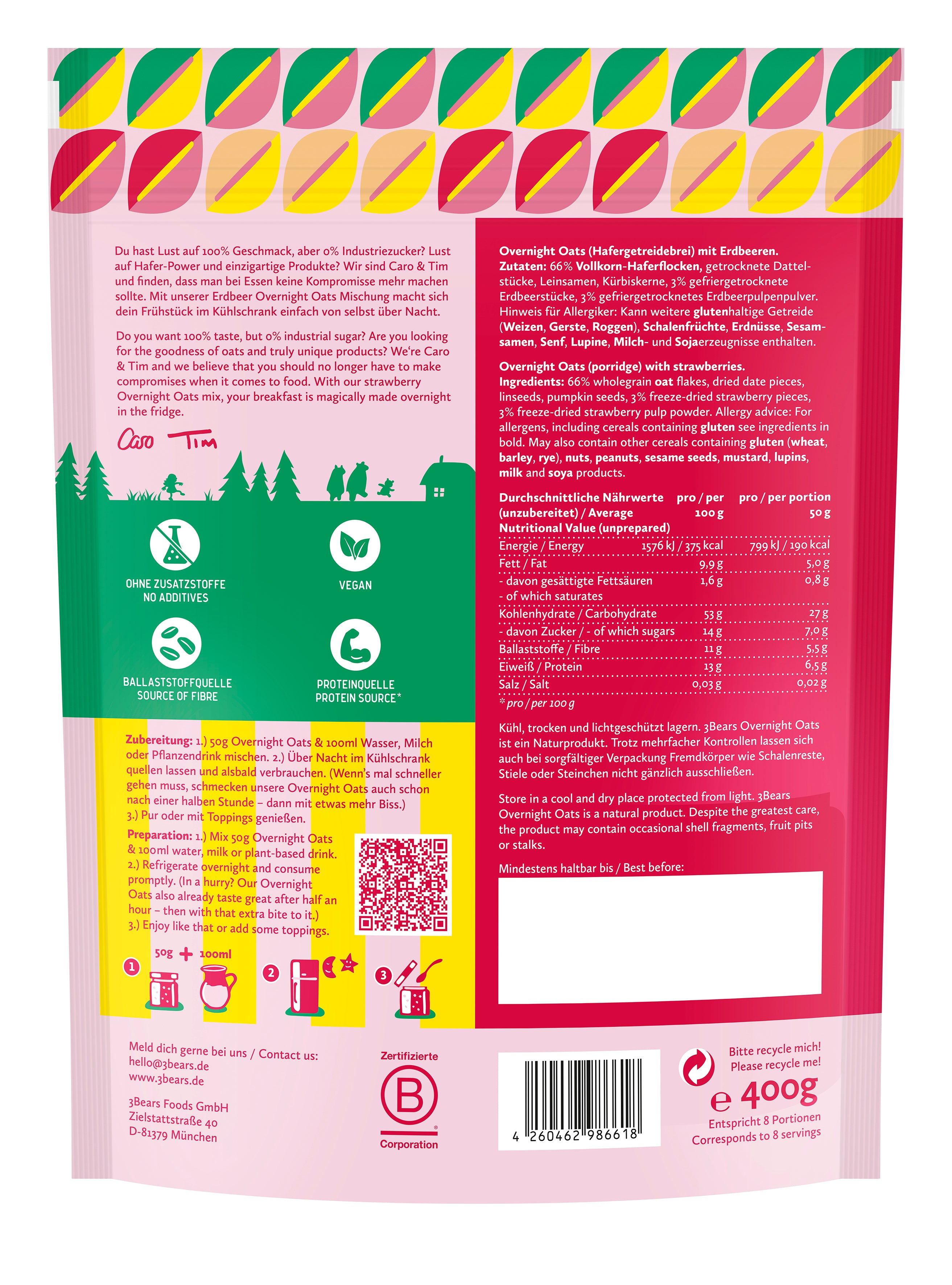 3Bears Overnight Oats Edle Erdbeere 400g