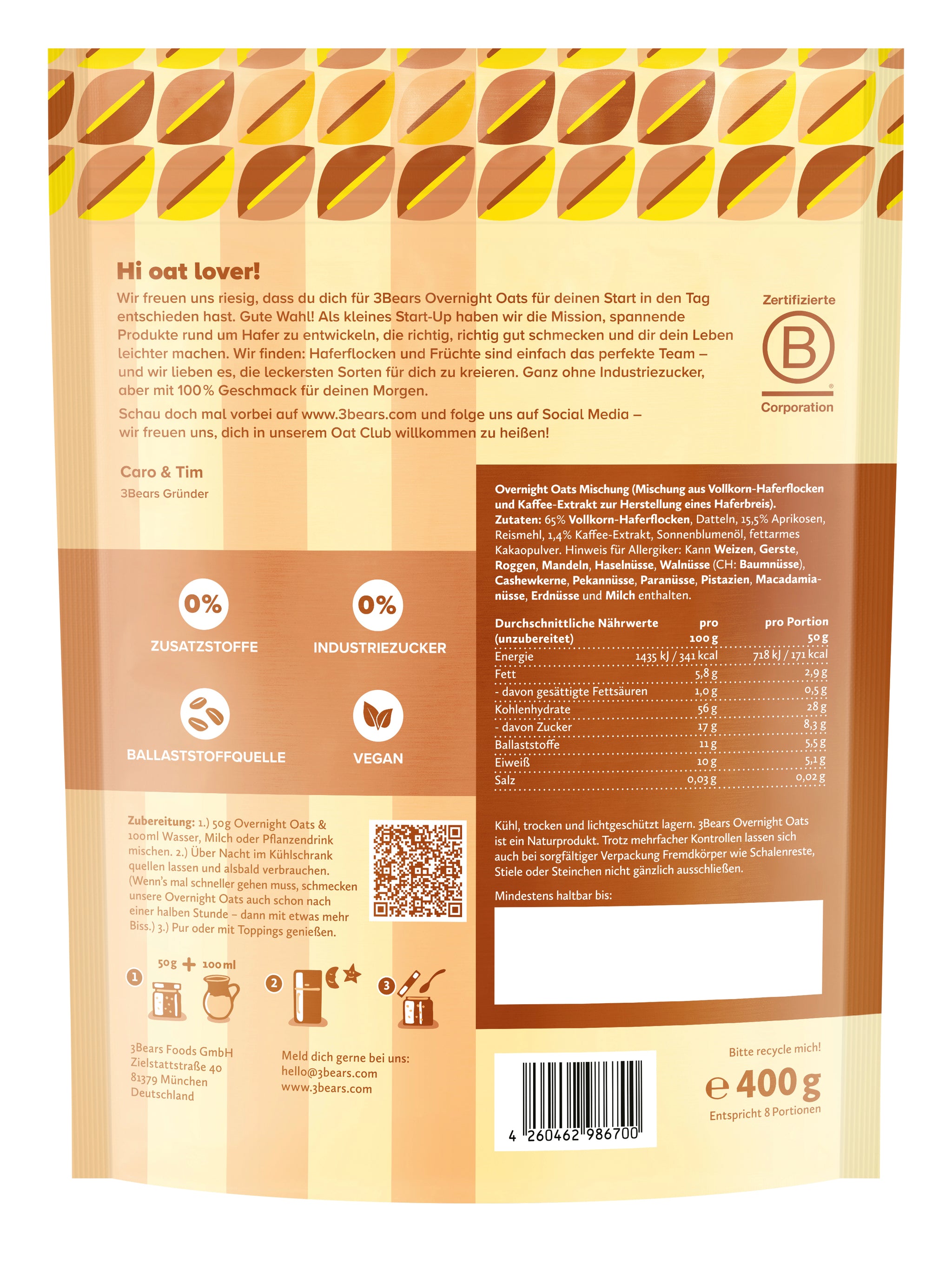 3Bears Overnight Oats Typ Eiskaffee 400g