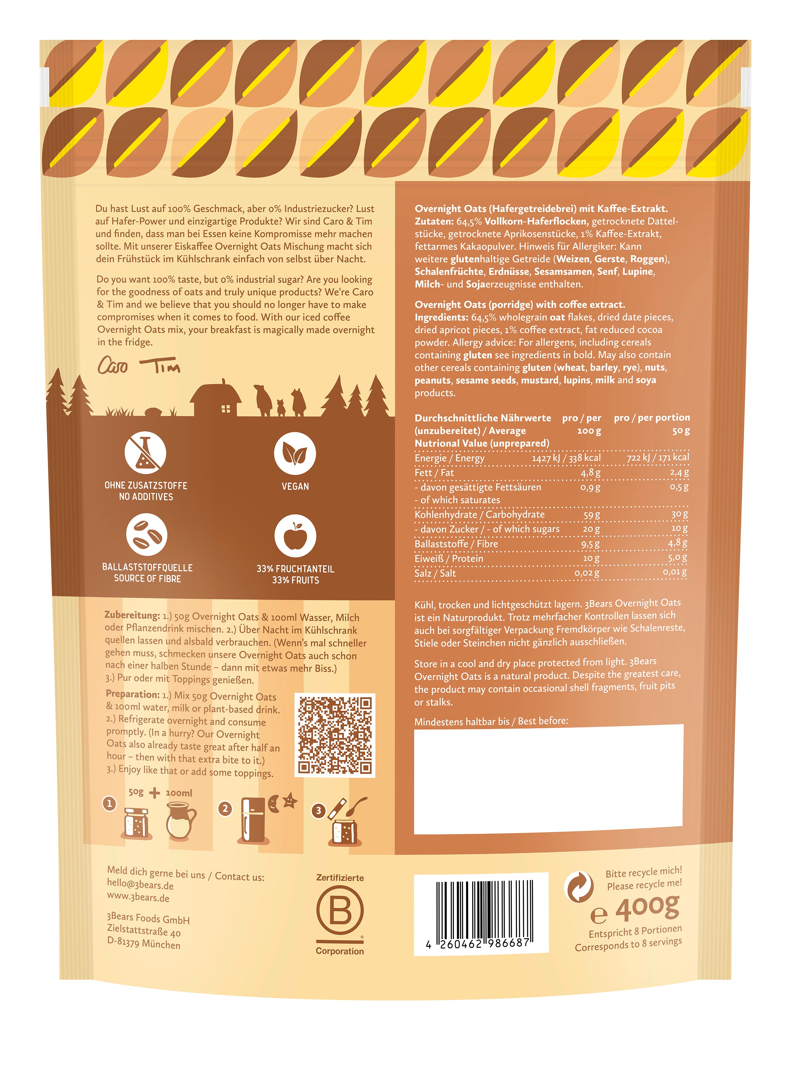 3Bears Overnight Oats Typ Eiskaffee 400g