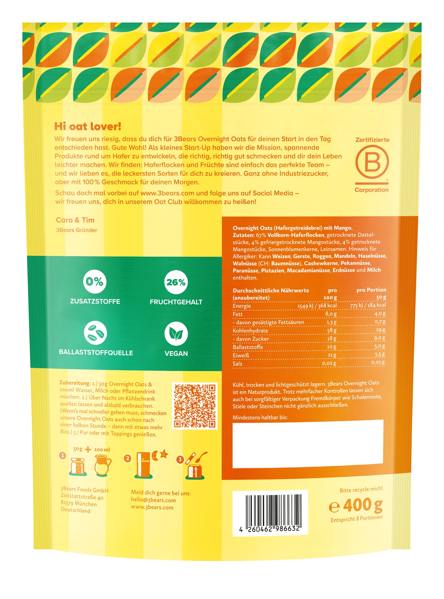 3Bears Overnight Oats Goldene Mango 400g