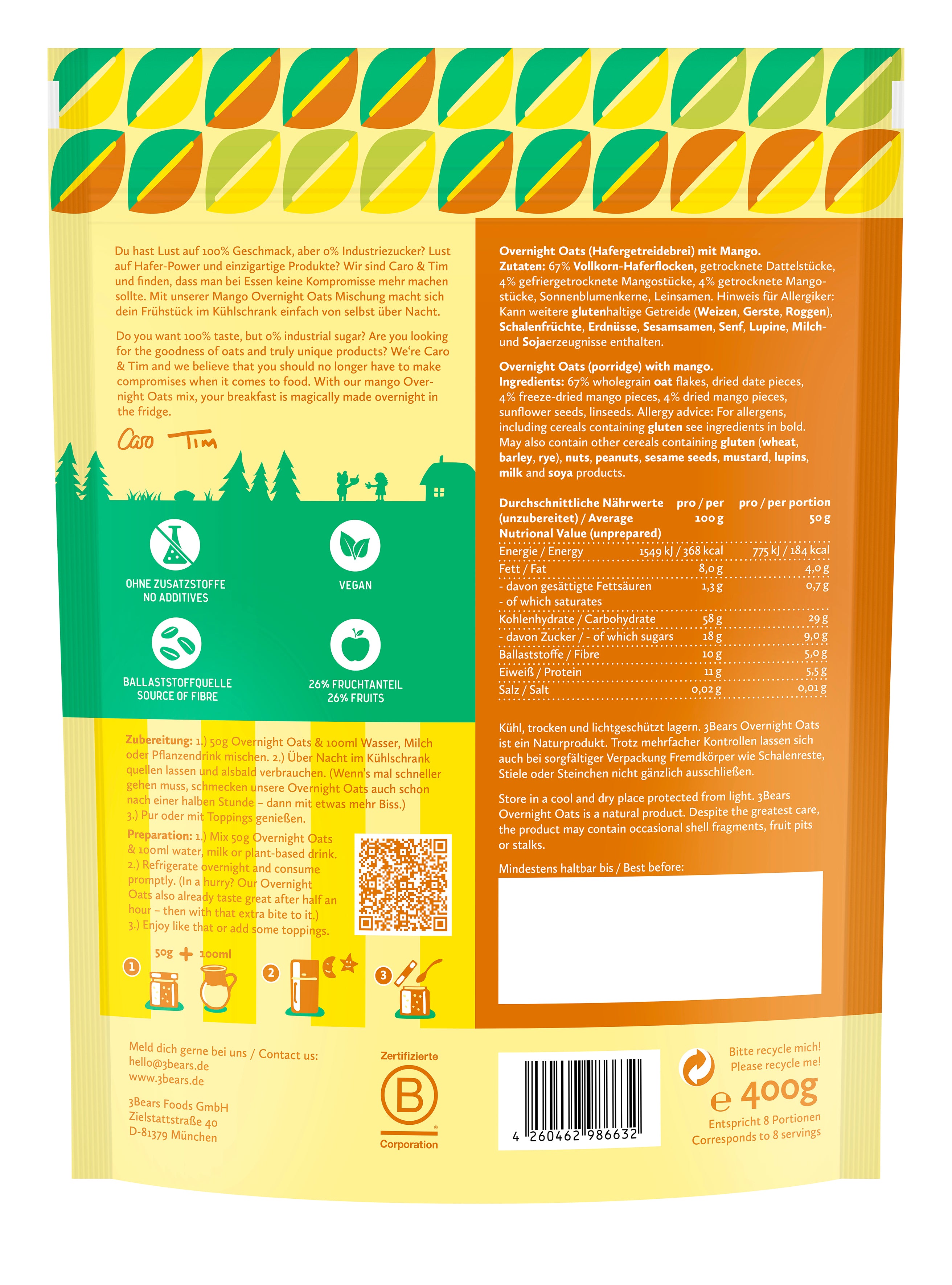 3Bears Overnight Oats Goldene Mango 400g