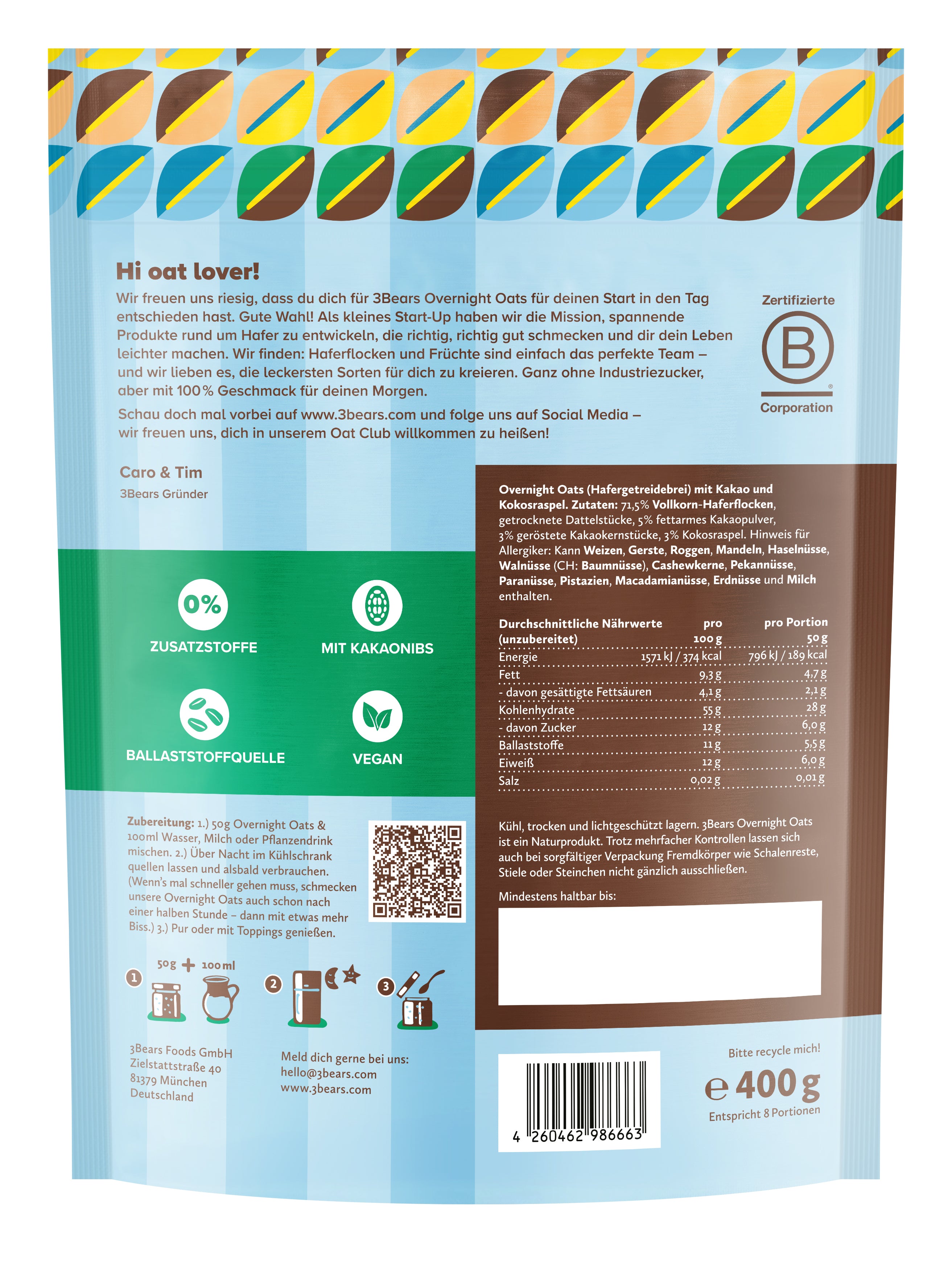 3Bears Overnight Oats Koko Kakao 400g