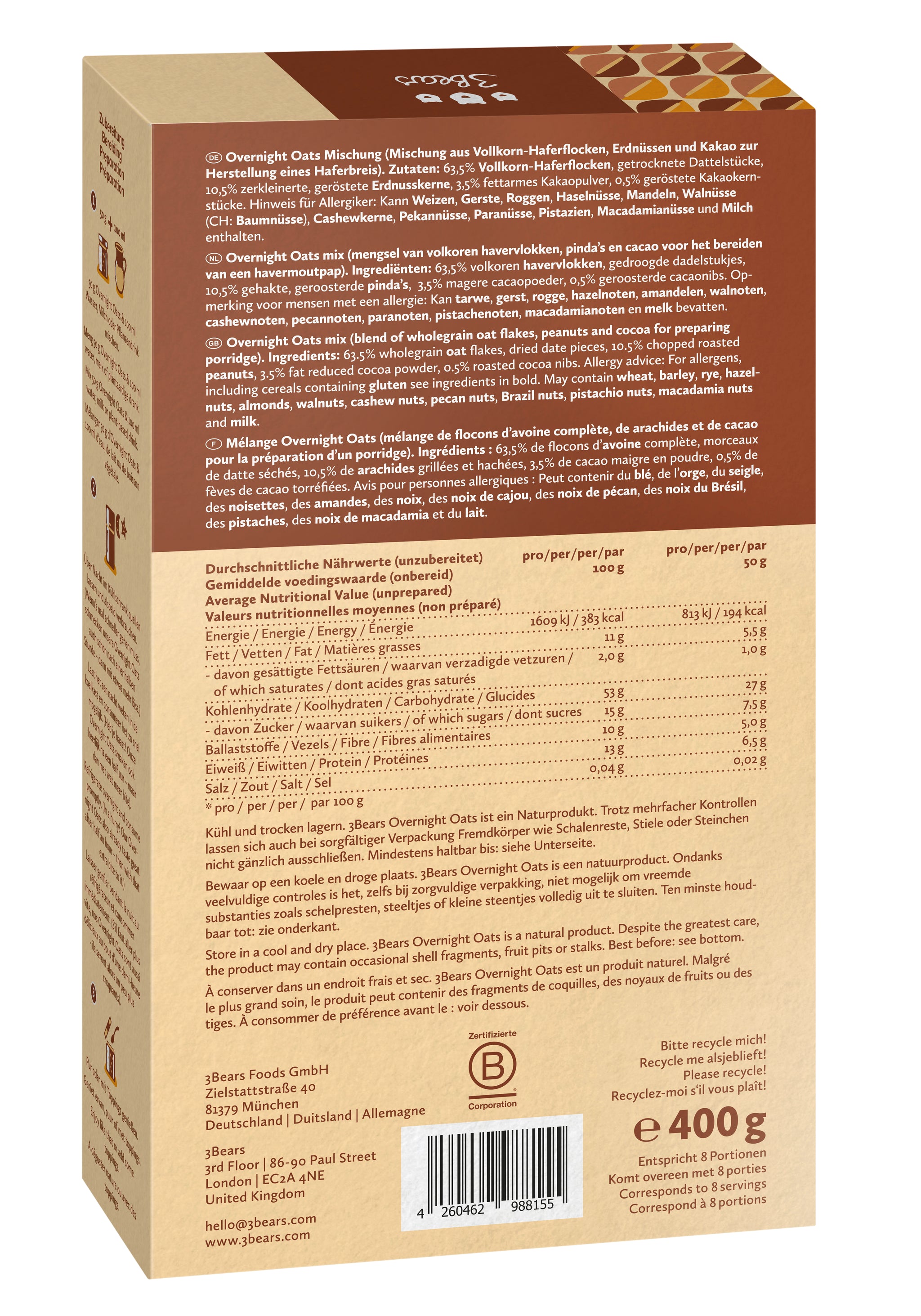 3Bears Overnight Oats Peanut Brownie 400g