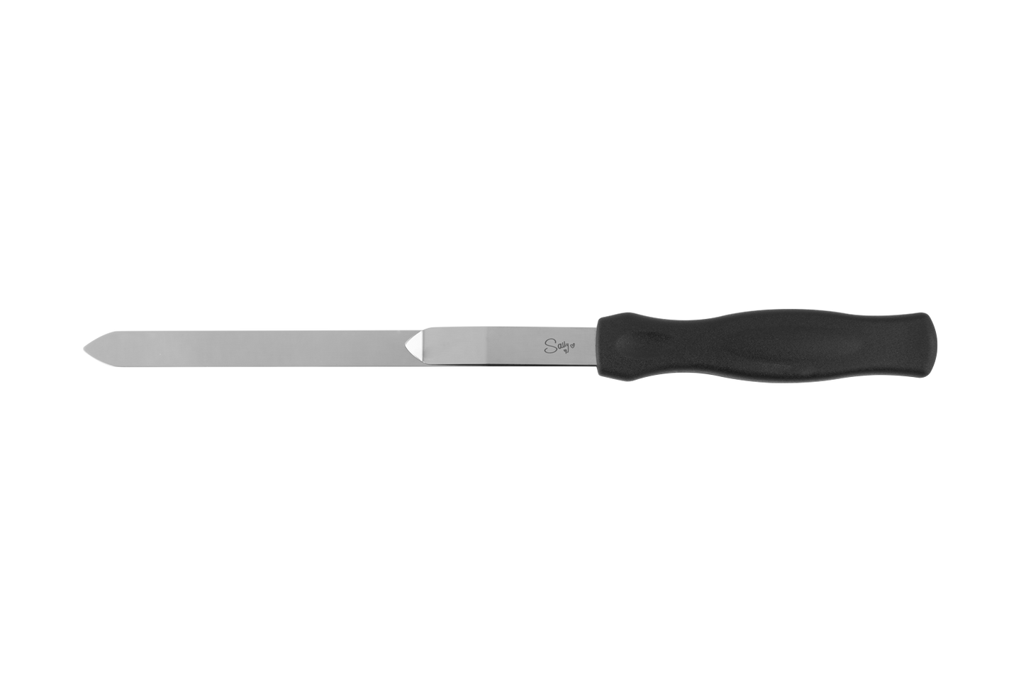 Ein langes Backformmesser mit schwarzem Griff