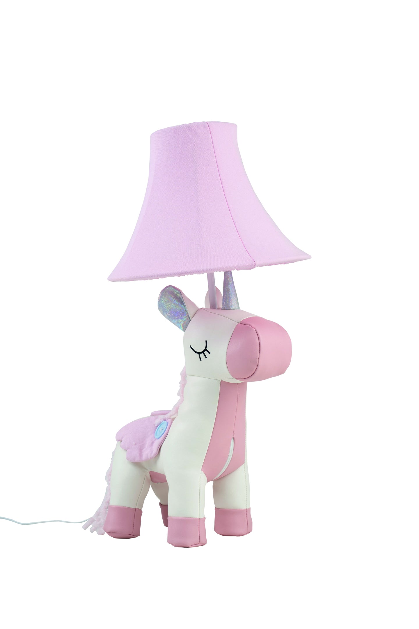 Eine rosa Einhornlampe mit pinkem Schirm.